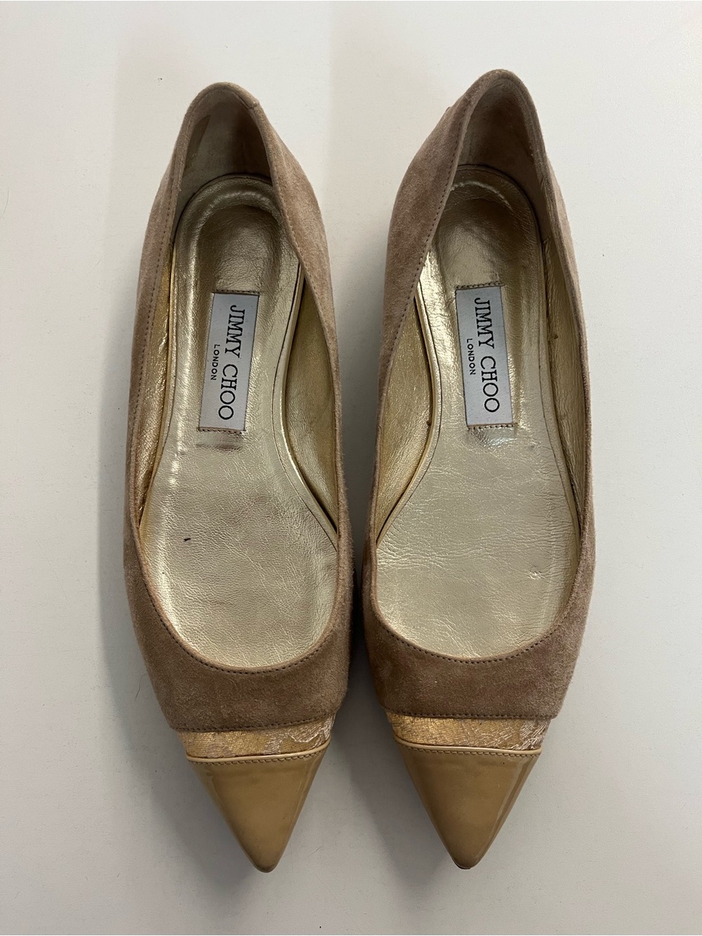 Jimmy Choo Taupe Suede Pointed Toe Flats with Gold Accents